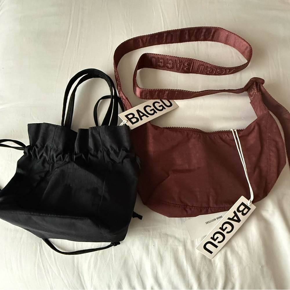 BAGGU Black Drawstring Bag and Small Mahogany Crescent bag